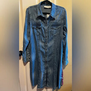 Emma G Denim Front Print Back Button Down Jean Dress Chest Pockets Sz M